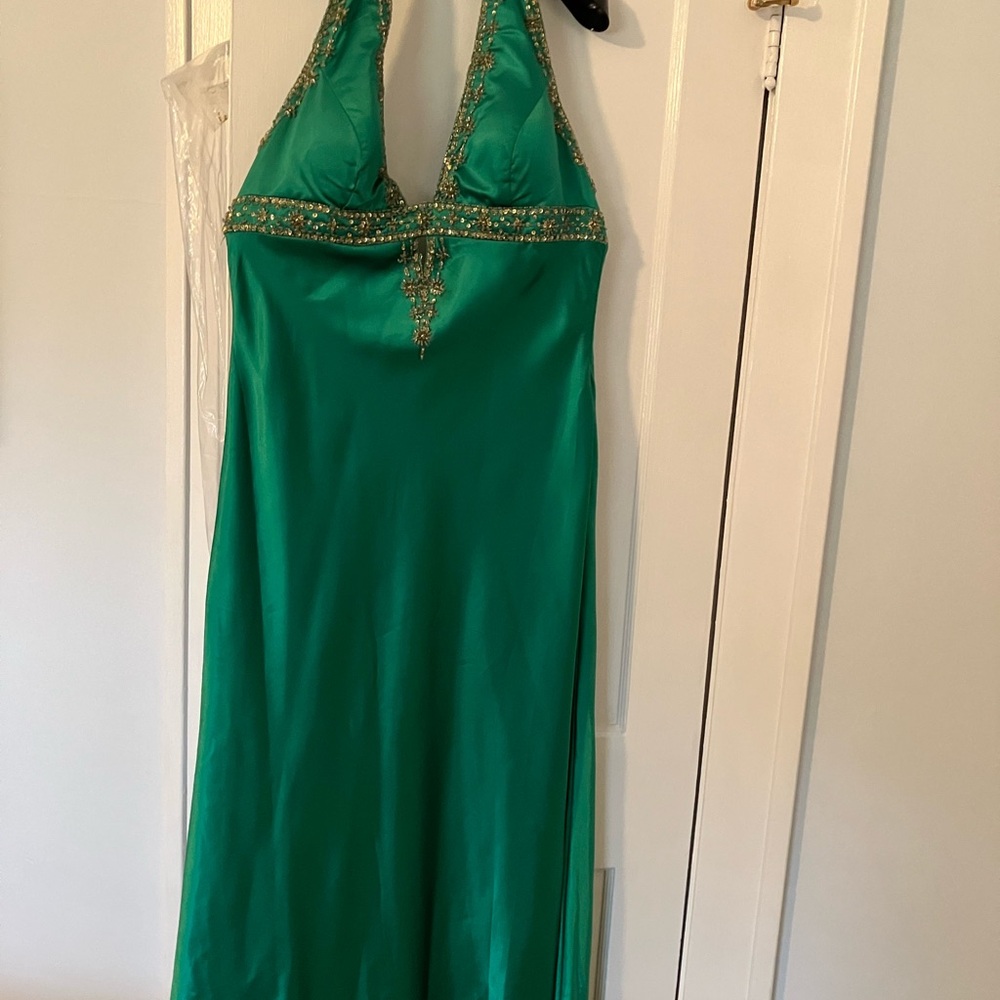 Green satin gown.